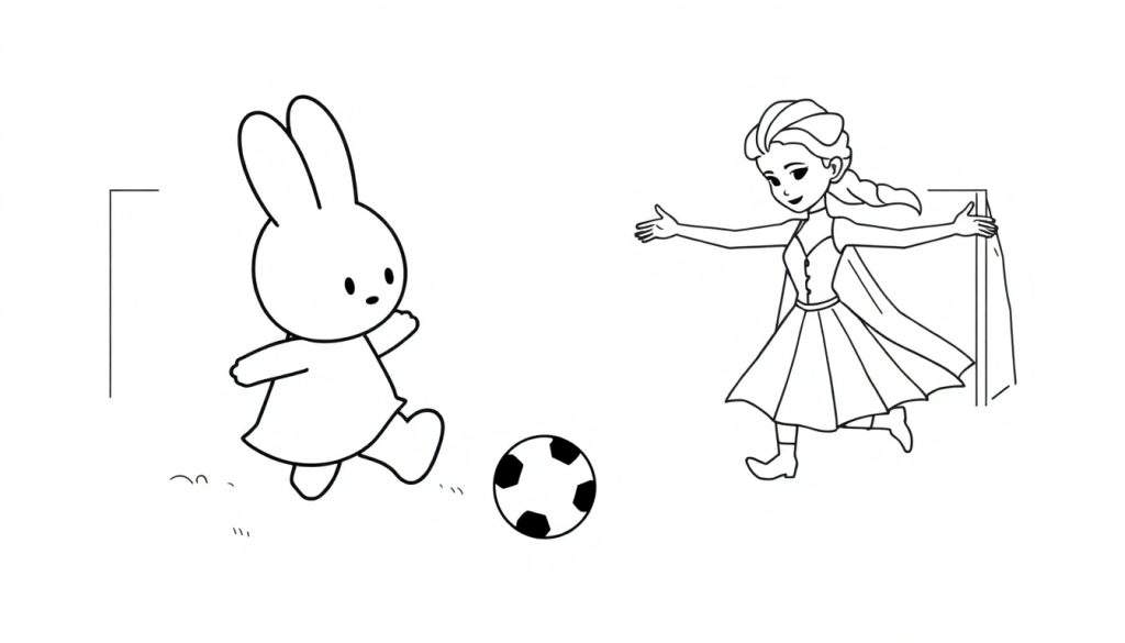 Kleurplaat van een konijn (Nijntje) die een voetbal schopt naar een meisje (Elsa) die klaar staat om te vangen, met een voetbaldoel op de achtergrond. Ze zijn allebei blij en enthousiast.