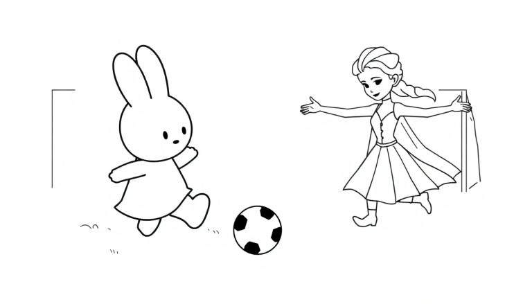 Kleurplaat van een konijn (Nijntje) die een voetbal schopt naar een meisje (Elsa) die klaar staat om te vangen, met een voetbaldoel op de achtergrond. Ze zijn allebei blij en enthousiast.