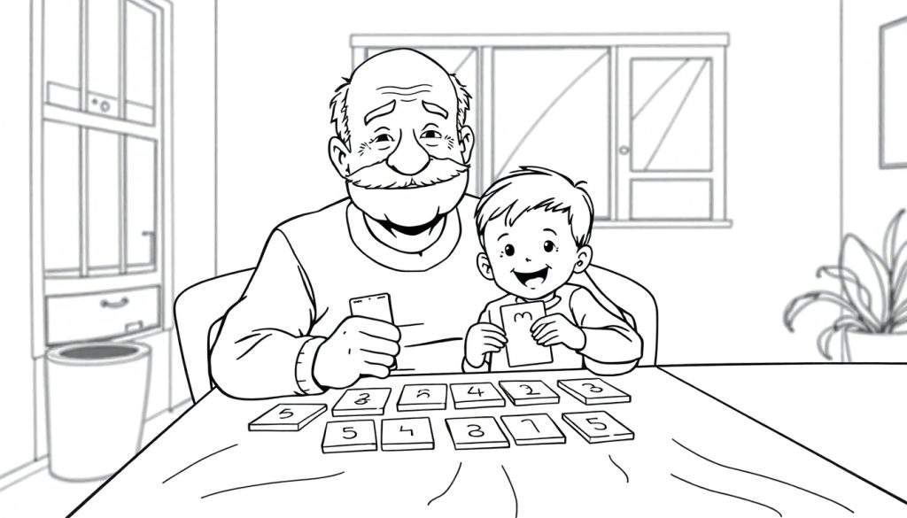 Kleurplaat van een opa met een bijna kaal hoofd en snor, die met zijn blije 5-jarige kleinzoon aan tafel zit en memory speelt. Ze houden kaarten vast en kijken elkaar aan, met op de achtergrond een kast, prullenbak, raam en plant. Het is een warme en gezellige scène.