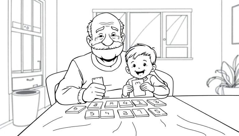 Kleurplaat van een opa met een bijna kaal hoofd en snor, die met zijn blije 5-jarige kleinzoon aan tafel zit en memory speelt. Ze houden kaarten vast en kijken elkaar aan, met op de achtergrond een kast, prullenbak, raam en plant. Het is een warme en gezellige scène.