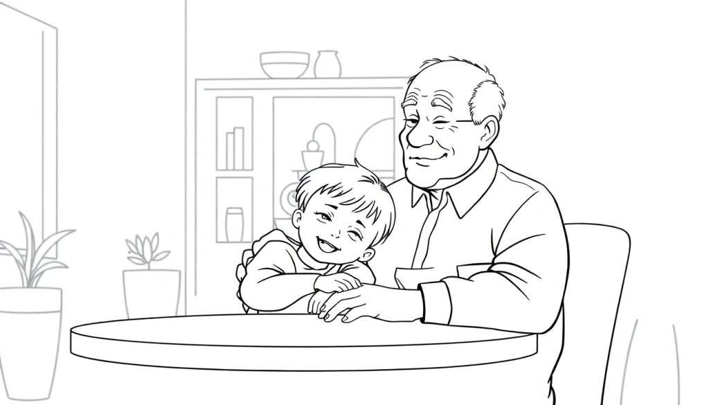 Een kleurplaat van een blije opa met snor en nagenoeg kale hoofd, die samen met zijn vrolijke 5-jarige kleinzoon op schoot aan een tafel zit in hun huis. Op de achtergrond zijn planten en een kast te zien.