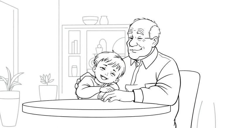 Een kleurplaat van een blije opa met snor en nagenoeg kale hoofd, die samen met zijn vrolijke 5-jarige kleinzoon op schoot aan een tafel zit in hun huis. Op de achtergrond zijn planten en een kast te zien.