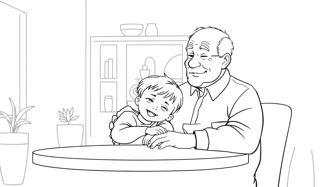 Een kleurplaat van een blije opa met snor en nagenoeg kale hoofd, die samen met zijn vrolijke 5-jarige kleinzoon op schoot aan een tafel zit in hun huis. Op de achtergrond zijn planten en een kast te zien.