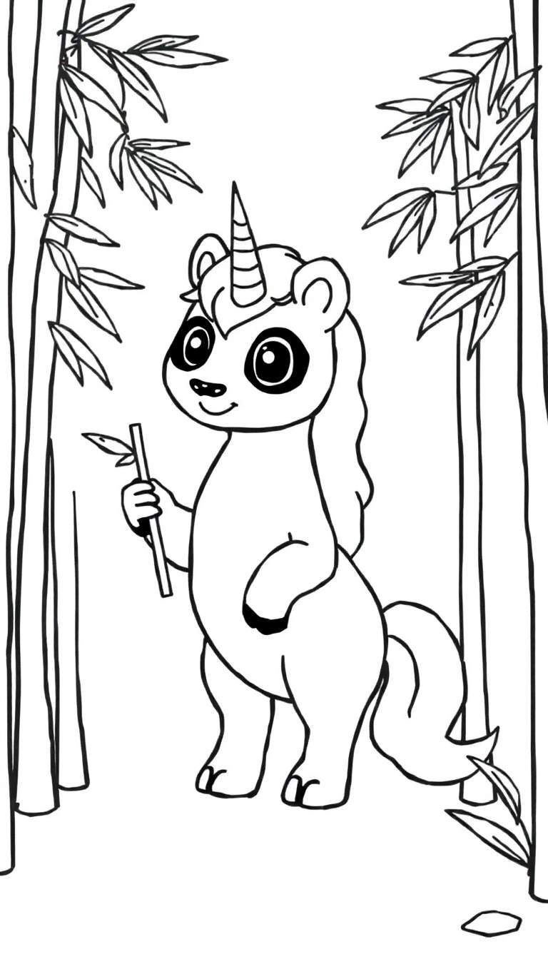 Zwart-wit tekening van een panda-eenhoorn die op zijn achterpoten staat in een bamboebos met een bamboetakje in zijn hand.