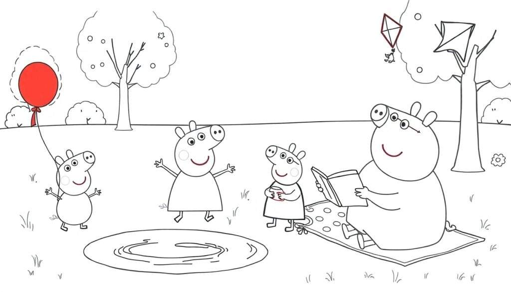Kleurplaat van Pepa Pig en vriendjes die buiten in het park spelen, met een rode ballon, een boeklezend varkentje en vliegers in de lucht.
