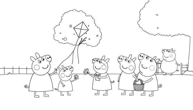 Kleurplaat van de Peppa Pig familie met vijf varkens op de voorgrond en één op de achtergrond in een park. Een varken houdt een mand vast, een ander een vlinder, en er is een grote boom met een vlieger erin.