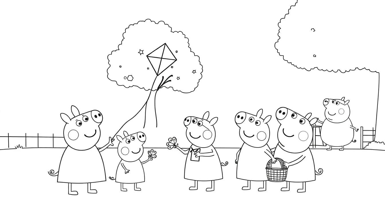 Kleurplaat van de Peppa Pig familie met vijf varkens op de voorgrond en één op de achtergrond in een park. Een varken houdt een mand vast, een ander een vlinder, en er is een grote boom met een vlieger erin.