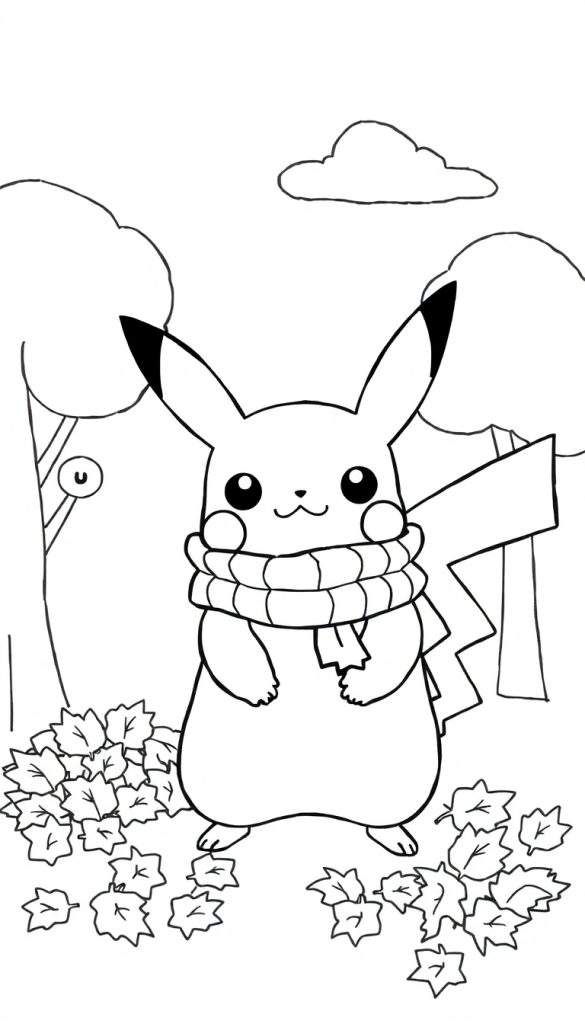 Kleurplaat van Pikachu met sjaal omringd door herfstbladeren, met bomen en een wolk op de achtergrond.
