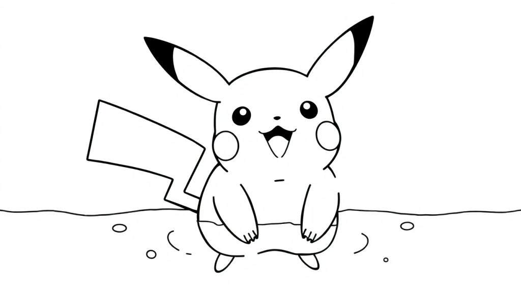 Zwart-wit lijntekening van Pikachu, de Pokémon, die vrolijk staat met zijn bliksemstaart, klaar om ingekleurd te worden.