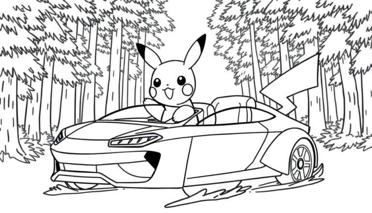 Een kleurplaat van Pikachu die blij in een sportwagen rijdt door een bos, zwaaiend met zijn pootje.