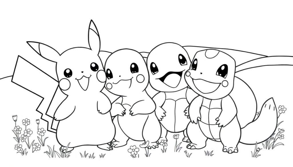 Een zwart-wit lijntekening van vier blije Pokémon: Pikachu, Charmander, Squirtle en Bulbasaur, staand in een grasveld met bloemen.