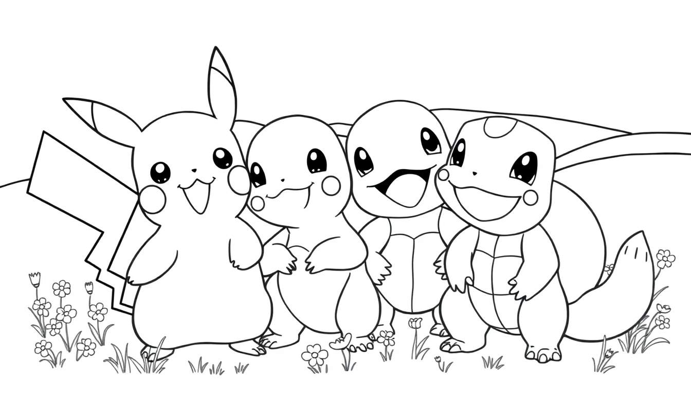 Een zwart-wit lijntekening van vier blije Pokémon: Pikachu, Charmander, Squirtle en Bulbasaur, staand in een grasveld met bloemen.