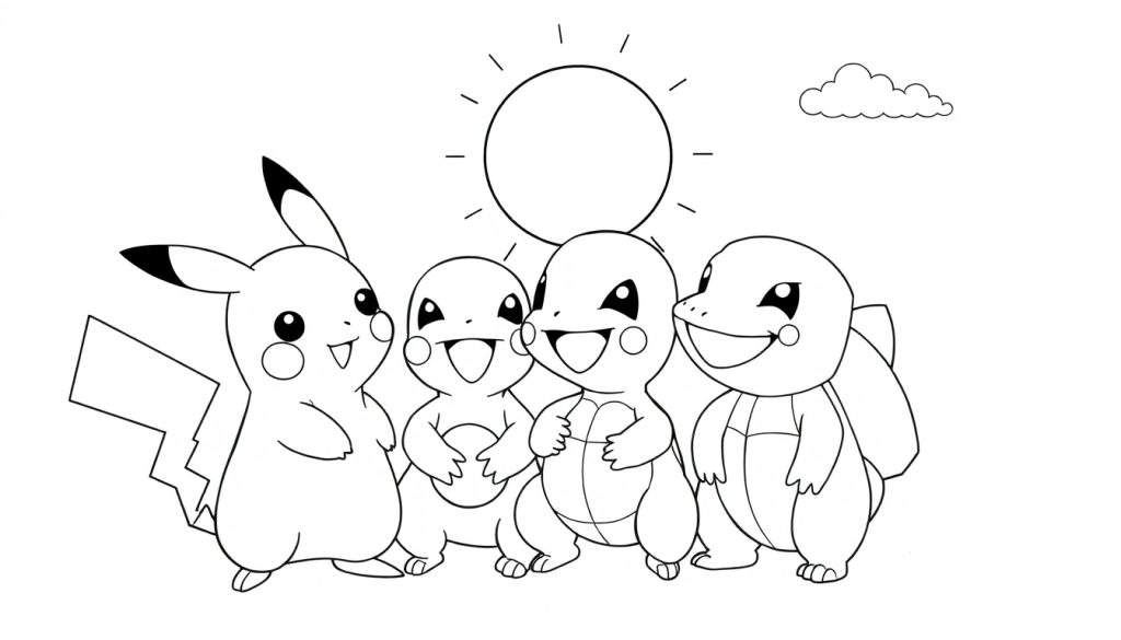 Kleurplaat met Pikachu en drie Squirtles die blij lachen, met een zon en een wolkje erboven.