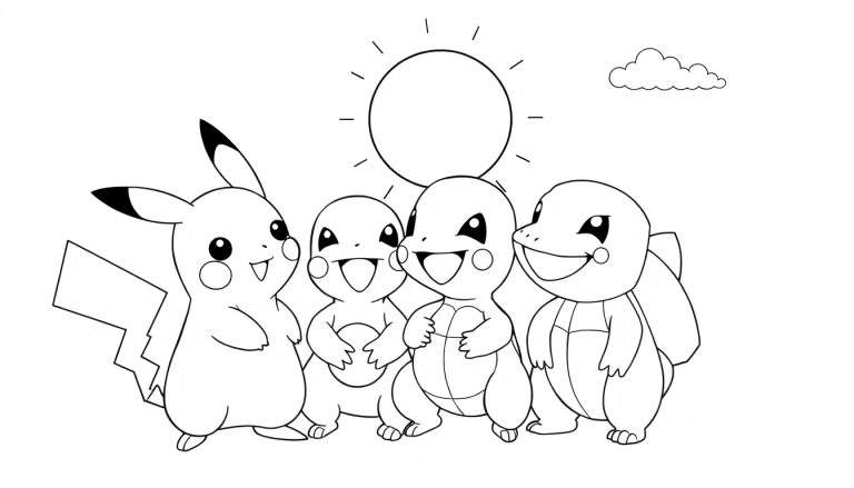 Kleurplaat met Pikachu en drie Squirtles die blij lachen, met een zon en een wolkje erboven.