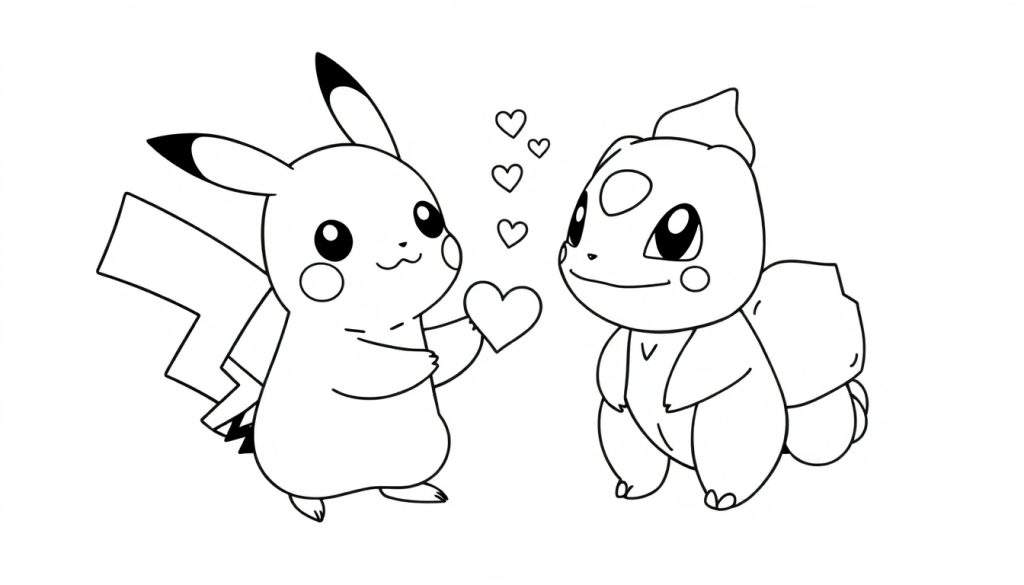 Kleurplaat van de Pokémon Pikachu en Squirtle die elkaar liefdevol aankijken, met hartjes in de lucht. Pikachu houdt een hartje vast.