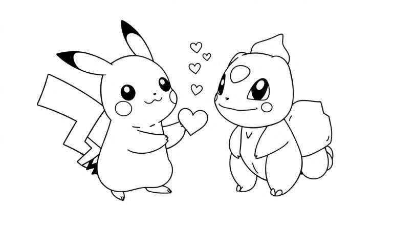 Kleurplaat van de Pokémon Pikachu en Squirtle die elkaar liefdevol aankijken, met hartjes in de lucht. Pikachu houdt een hartje vast.