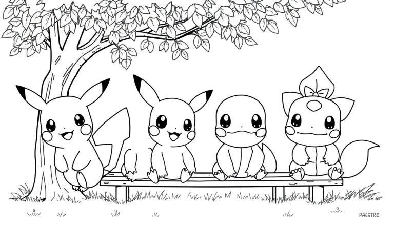 Zwart-wit lijntekening van een Pikachu leunend tegen een boom, een andere Pikachu en een Squirtle zittend op een bankje, en een Chikorita met strikje zittend op het bankje, onder een grote boom met bladeren.