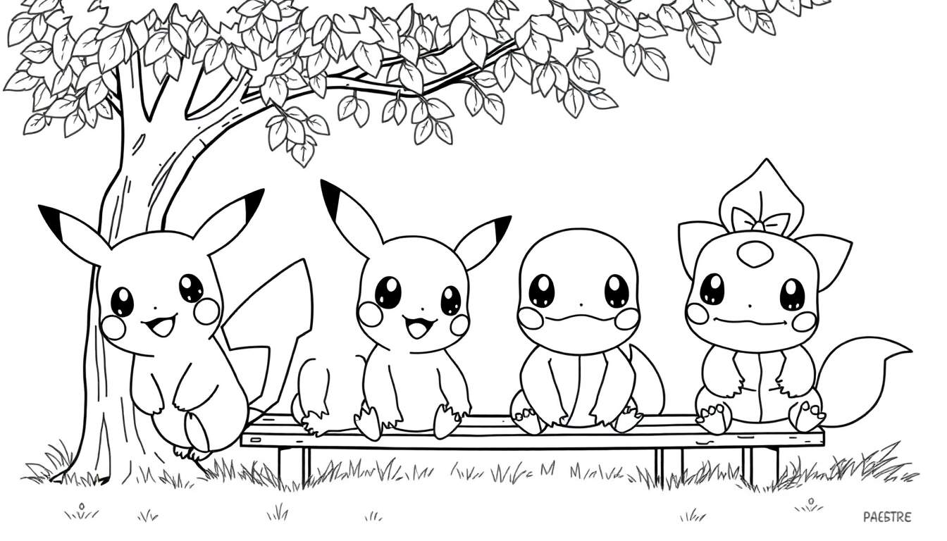 Zwart-wit lijntekening van een Pikachu leunend tegen een boom, een andere Pikachu en een Squirtle zittend op een bankje, en een Chikorita met strikje zittend op het bankje, onder een grote boom met bladeren.