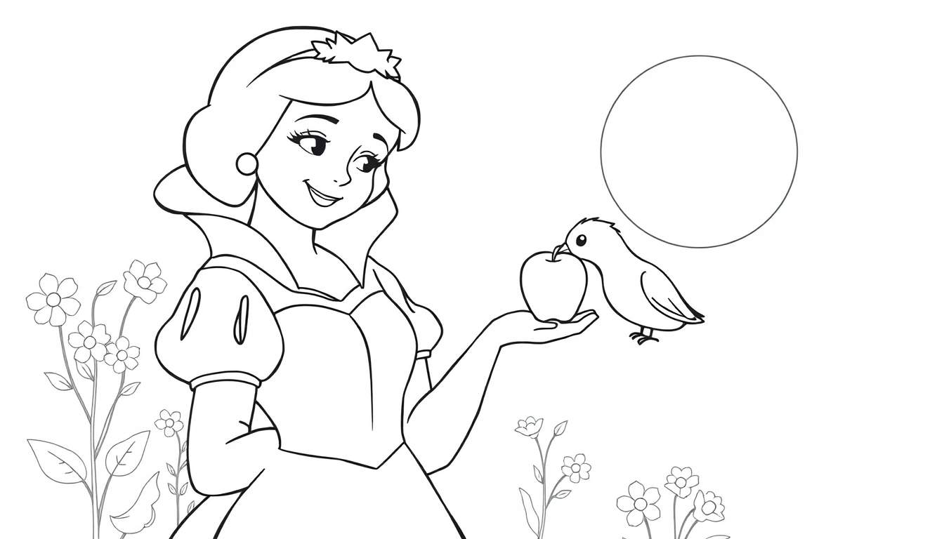 Zwart-wit tekening van een prinses die een appel vasthoudt, met een vogeltje dat van de appel eet. Op de achtergrond staan bloemen en een grote cirkel.