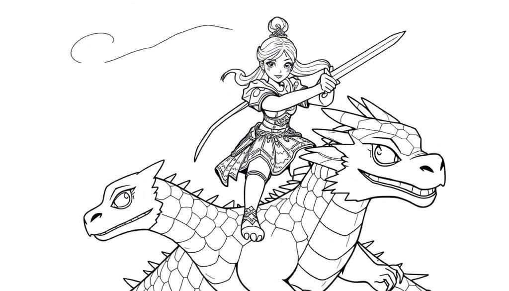 Zwart-witte tekening van een jonge prinses krijger met zwaard en harnas, rijdend op een lachende draak met grote ogen. Gebogen lijn op de achtergrond.