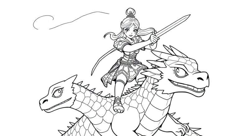 Zwart-witte tekening van een jonge prinses krijger met zwaard en harnas, rijdend op een lachende draak met grote ogen. Gebogen lijn op de achtergrond.