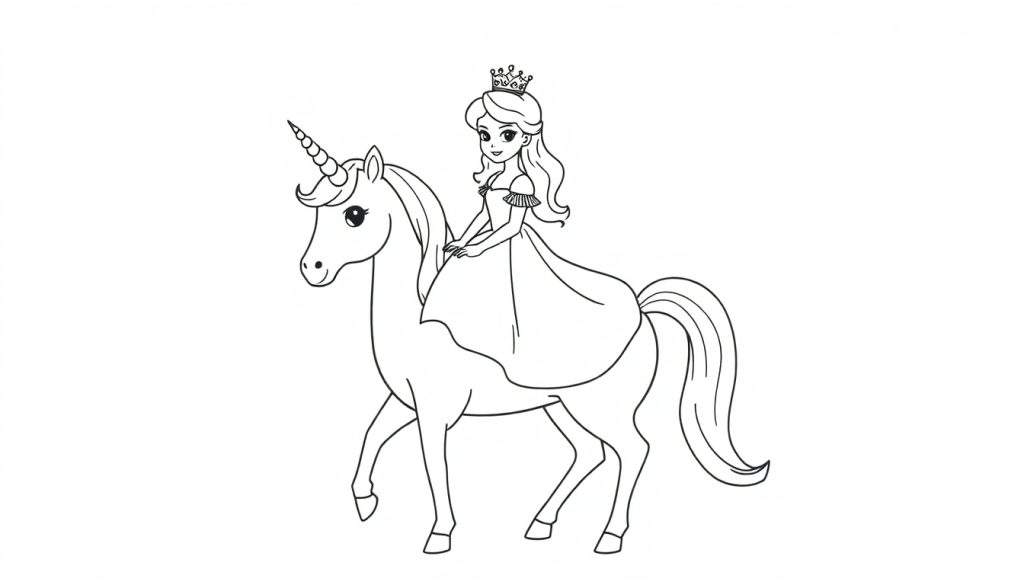Zwart-wit tekening van een prinses met kroon die op een eenhoorn met lange manen rijdt.