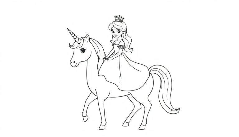 Zwart-wit tekening van een prinses met kroon die op een eenhoorn met lange manen rijdt.