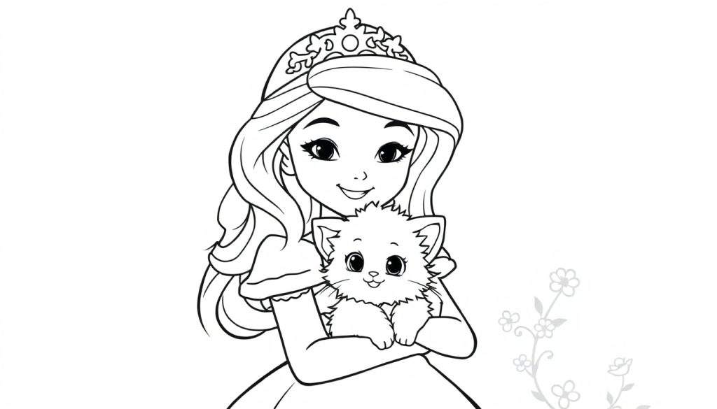 Kleurplaat van een prinses die een poesje vasthoudt met een bloemendecoratie op de achtergrond.