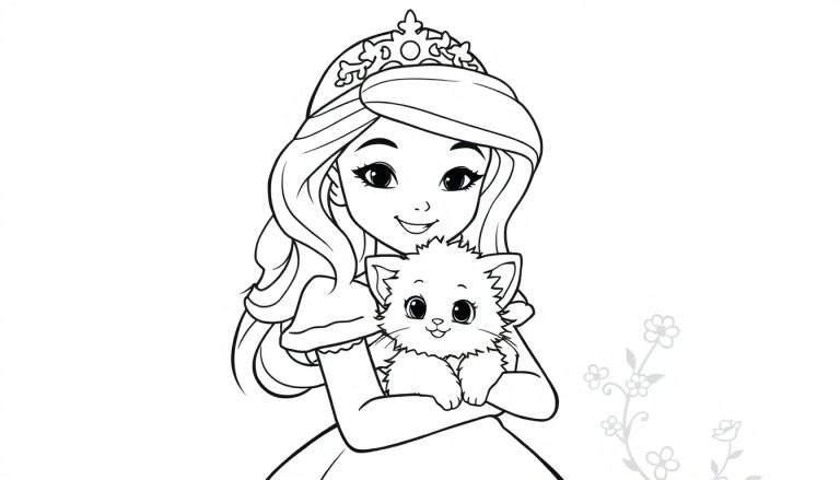 Kleurplaat van een prinses die een poesje vasthoudt met een bloemendecoratie op de achtergrond.