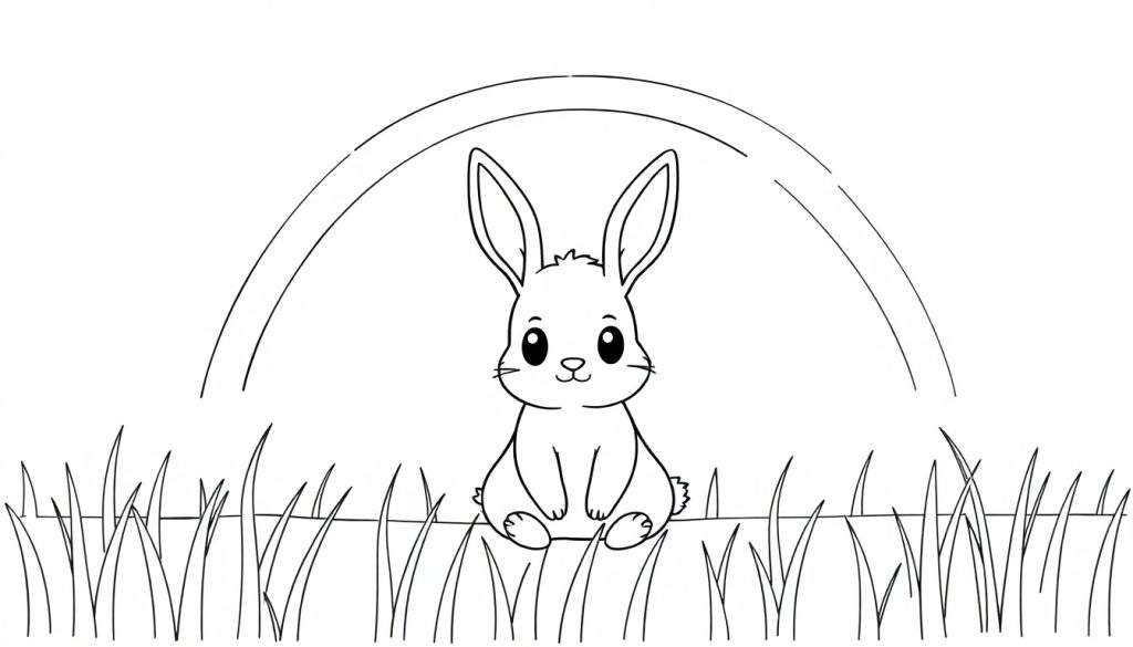 Kleurplaat van een schattig konijn dat in het gras zit onder een regenboog.