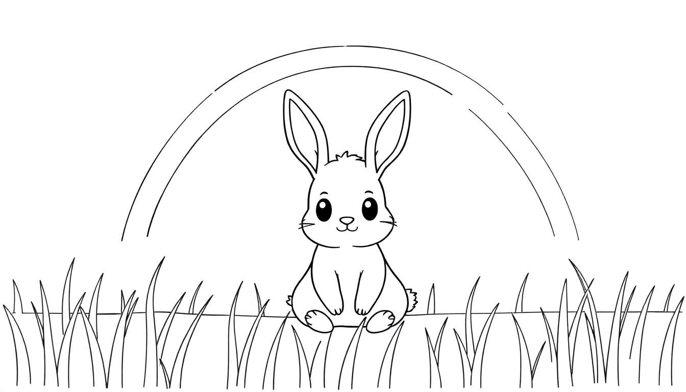Kleurplaat van een schattig konijn dat in het gras zit onder een regenboog.