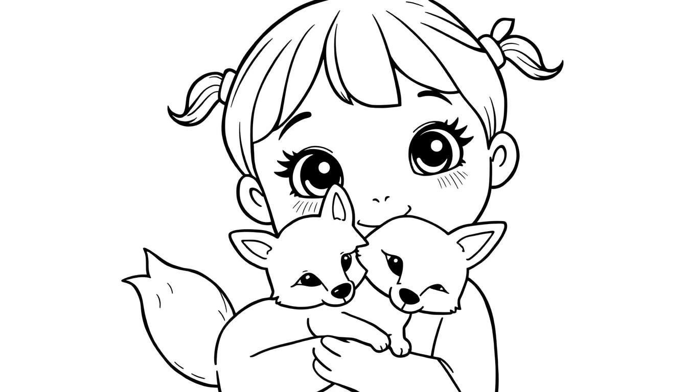 Kleurplaat van een lief meisje met twee staartjes dat twee schattige vosjes vasthoudt. Ze hebben grote ogen en vrolijke uitdrukkingen.