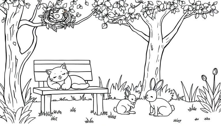 Kleurplaat van een dikke kat die slaapt op een houten bankje in een tuin, met twee konijnen in het gras en een vogel in een nestje in de boom.