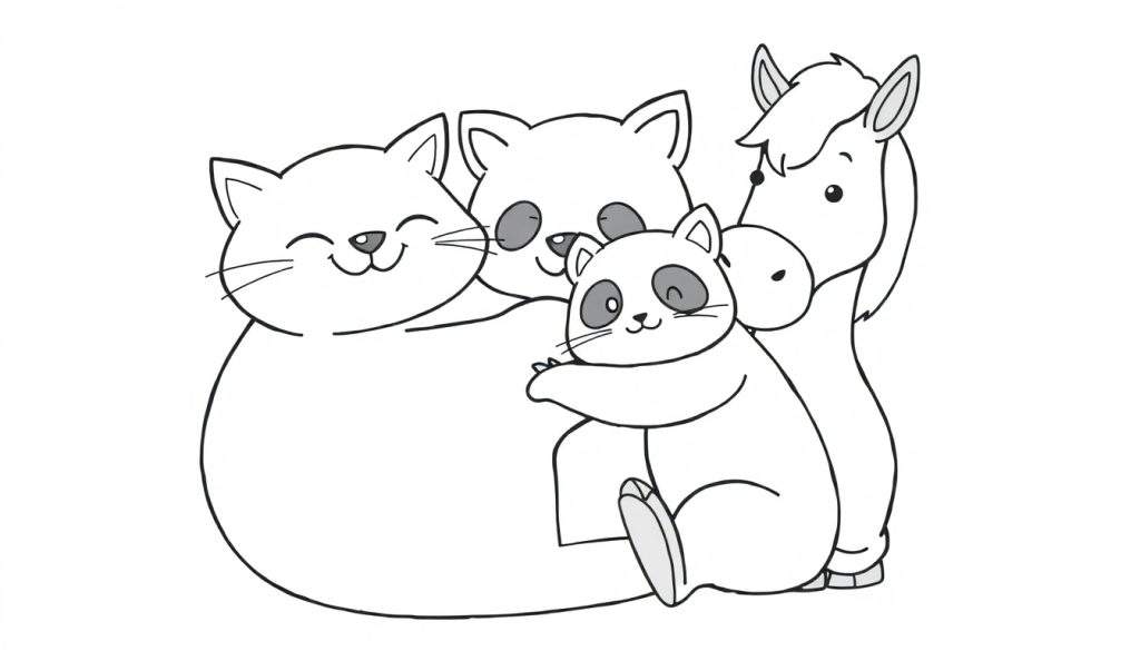 Kleurplaat met cartoon dieren: kleine panda omhelst grote panda, kat lacht, paard kijkt zachtaardig. Zwart-wit getekend.