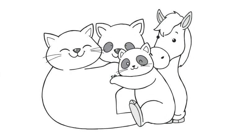 Kleurplaat met cartoon dieren: kleine panda omhelst grote panda, kat lacht, paard kijkt zachtaardig. Zwart-wit getekend.