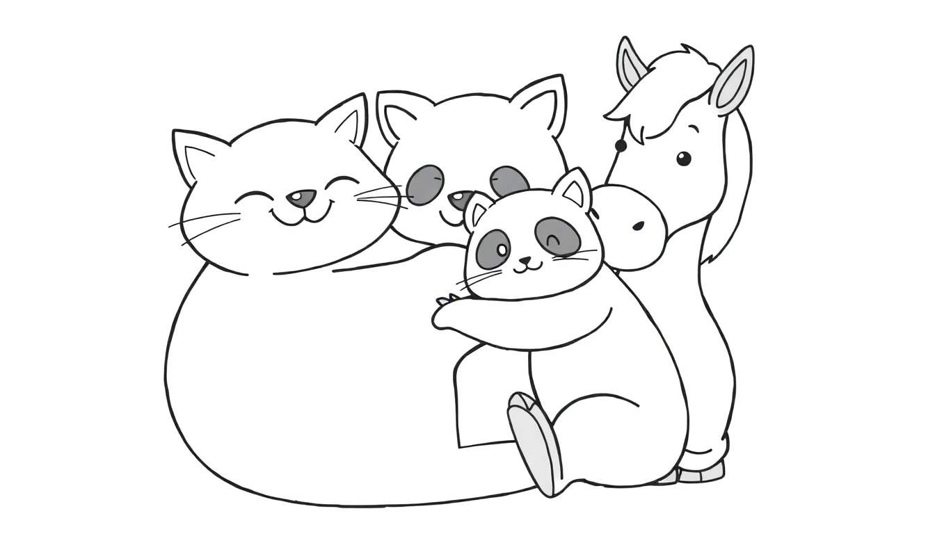 Kleurplaat met cartoon dieren: kleine panda omhelst grote panda, kat lacht, paard kijkt zachtaardig. Zwart-wit getekend.