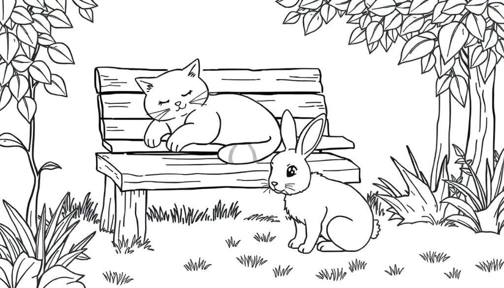 Kleurplaat van een schattige kat die slaapt op een tuinbankje, naast een wakker konijn dat kijkt. Bomen en gras zijn zichtbaar.