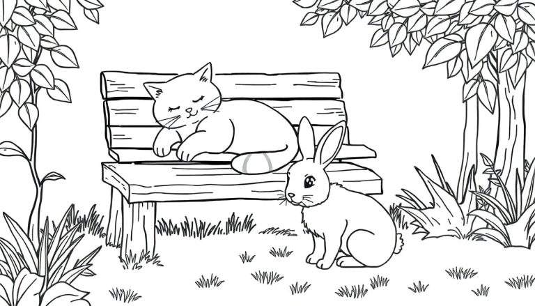 Kleurplaat van een schattige kat die slaapt op een tuinbankje, naast een wakker konijn dat kijkt. Bomen en gras zijn zichtbaar.