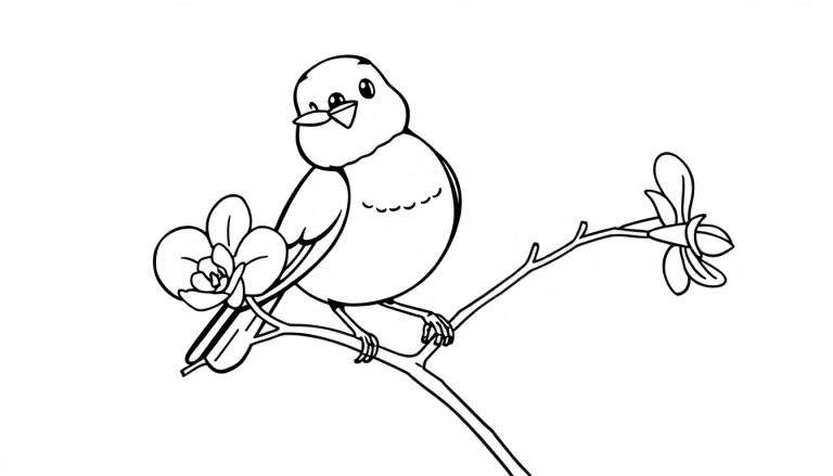 Zwart-wit lijntekening van een schattige, mollige vogel op een boomtak met bloemen, klaar om ingekleurd te worden.