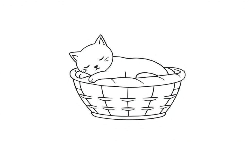 Kleurplaat van een slapende kat met gesloten ogen en glimlach in een geweven mand, getekend in een eenvoudige kinderlijke stijl.