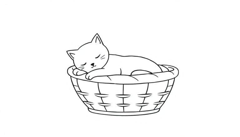 Kleurplaat van een slapende kat met gesloten ogen en glimlach in een geweven mand, getekend in een eenvoudige kinderlijke stijl.