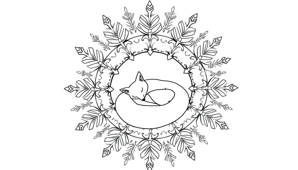 Kleurplaat van een slapende vos in een cirkelvormige mandala met bladeren en geometrische patronen.