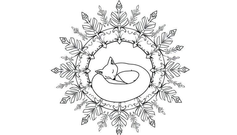 Kleurplaat van een slapende vos in een cirkelvormige mandala met bladeren en geometrische patronen.
