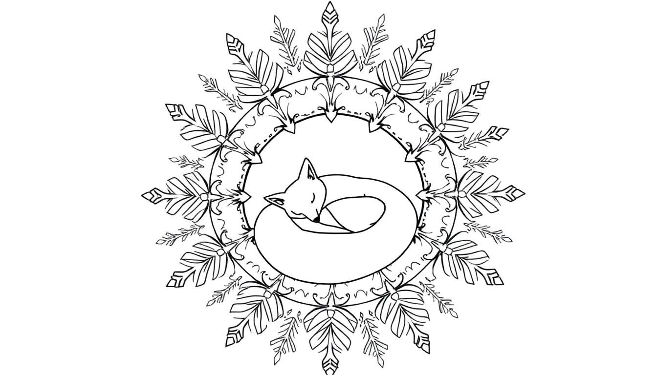 Kleurplaat van een slapende vos in een cirkelvormige mandala met bladeren en geometrische patronen.