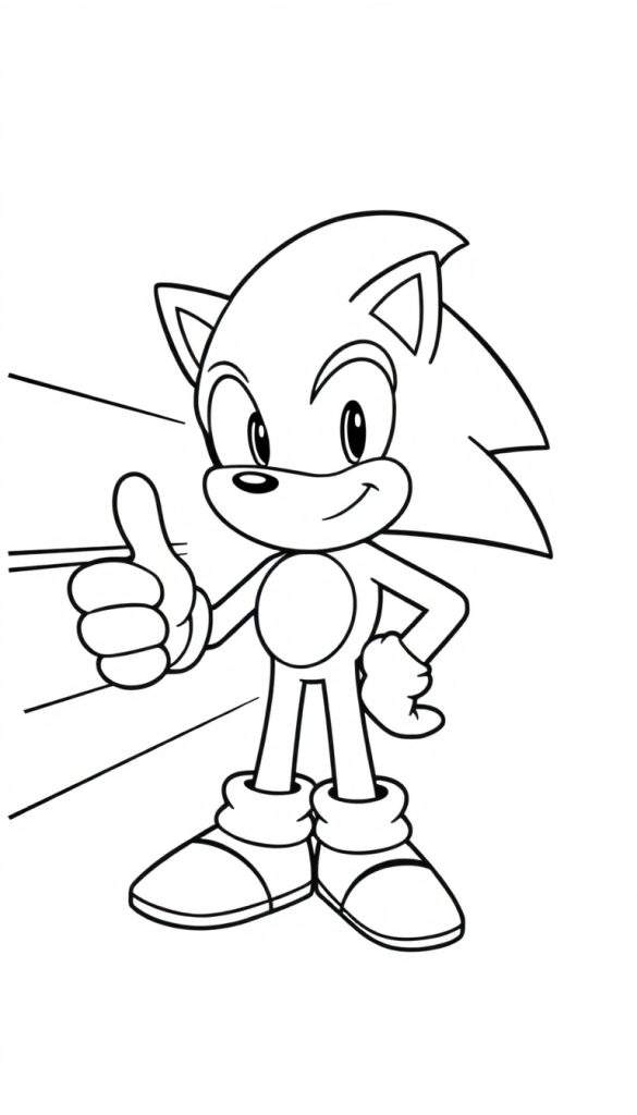 Kleurplaat Sonic de egel met duim omhoog gebaar, lachend, met lijnen op de achtergrond.
