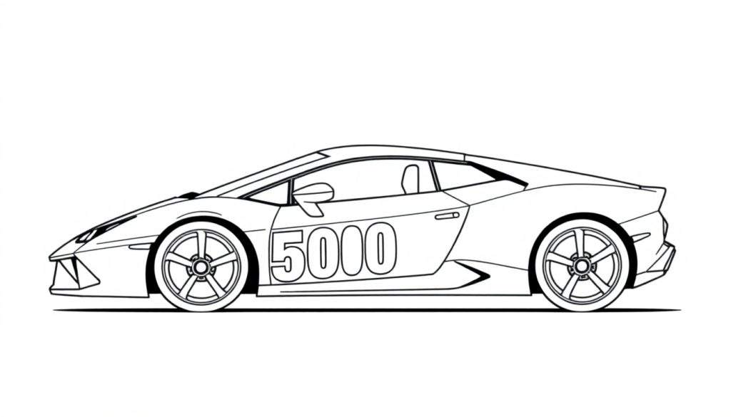 Zwart-wit kleurplaat van een sportwagen met het getal 5000 op de zijkant en spaakwielen.