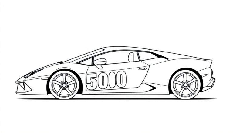 Zwart-wit kleurplaat van een sportwagen met het getal 5000 op de zijkant en spaakwielen.