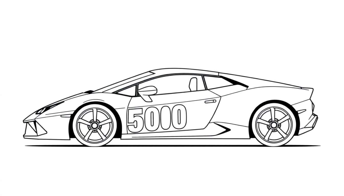 Zwart-wit kleurplaat van een sportwagen met het getal 5000 op de zijkant en spaakwielen.