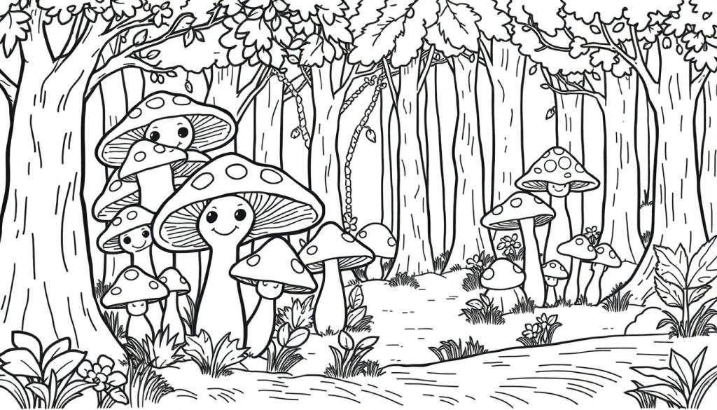 Kleurplaat van een sprookjesachtig herfstbos met lachende paddenstoelen, bomen, gras en bloemen, met een touw vol blaadjes tussen de bomen.