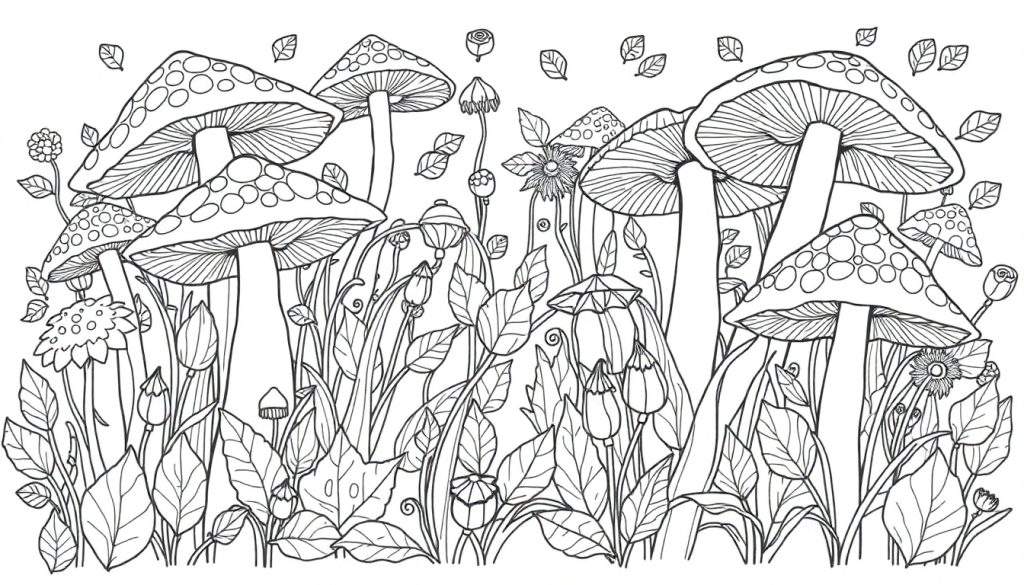 Zwart-wit kleurplaat met gedetailleerde sprookjesachtige paddenstoelen, bladeren en bloemen in mandalastijl.
